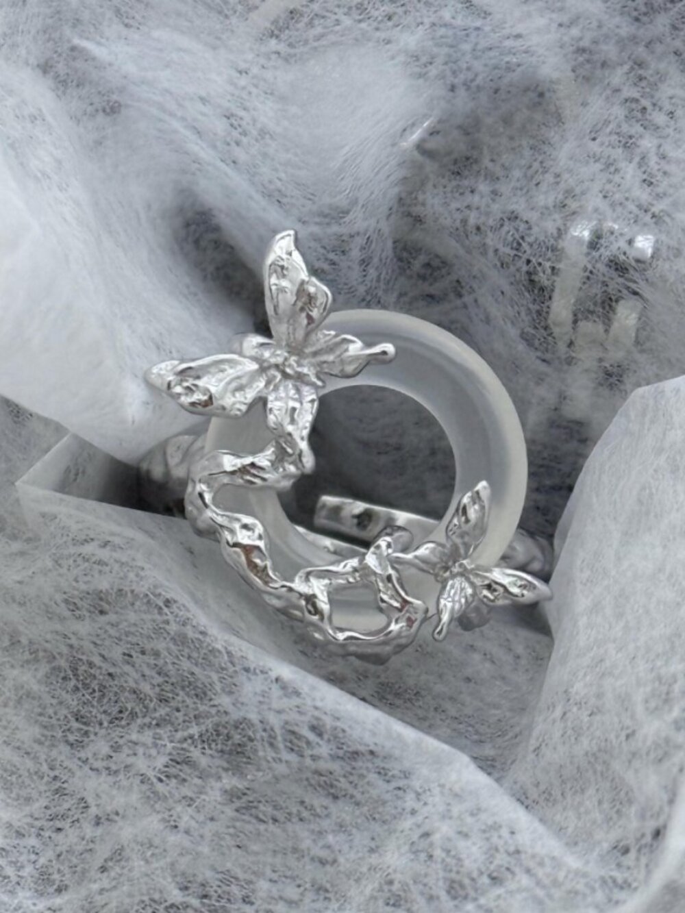 925 Silver Liquid Butterfly White Agate Open Ring Statement Fairy Jewelry